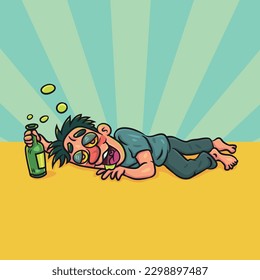 Funny Drunk man lying on floor. vector stock illustration. 