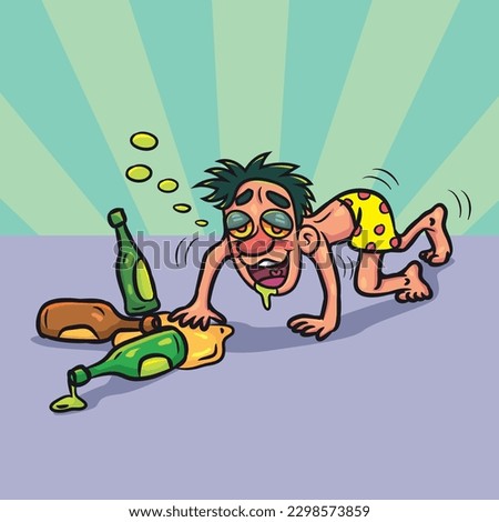 Funny Drunk man lying on floor. vector stock illustration. 