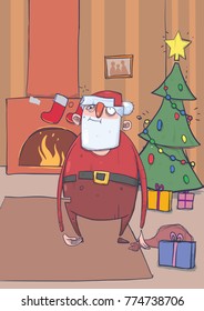 Funny drunk Santa Claus with a bag stands in a room with decoreted Christmas tree and colorful presents. Wasted happy Santa. Vertical vector illustration. Cartoon character.