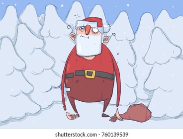 Funny drunk Santa Claus with empty bag in snowy spruce forest. Wasted happy Santa Claus got lost. Horizontal vector illustration. Cartoon character.