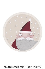 Funny drunk Santa Claus with a narrowed eye on a background of snow in a circle. Vector illustration postcard.