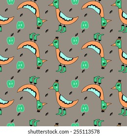 Funny duck and apple seamless pattern. Vector background.
