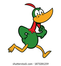 Funny Duck cartoon character running and smiling at finish line, best for sticker or decoration with animal themes for children