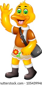 funny duck cartoon walking with smile and bring bag