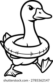 Funny duck character wearing a life buoy ring. Vector graphic for swimming safety and aquatic leisure concepts.