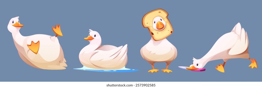 Funny duck characters set isolated on background. Vector cartoon illustration of cute duckling lying, swimming on water, playing with bread, running, comic farm bird mascot, domestic animal breeding