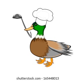 A funny duck with a chef hat and a soup ladle in its beak. Vector-art illustration on a white background