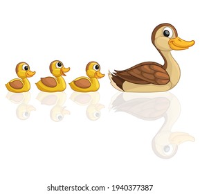 Hübsche Ente mit Enten. Vektorfarbillustration. Einzeln auf weißem Hintergrund.