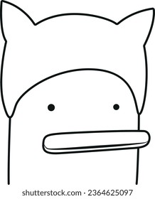 Funny duck face vector. Simple line art, duck in cat hat