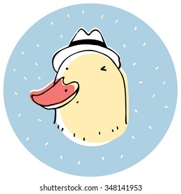 funny duck in a hat on a blue background