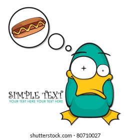 Funny duck and hot-dog on a paper-background. Vector illustration. Place for your text.