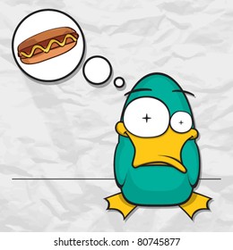 Funny duck and hot-dog on a paper-background. Vector illustration.