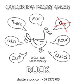 Funny duck kids learning game. Vector coloring book pages for children