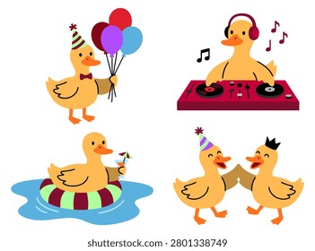 Funny duck party set with ducks holding balloons, DJ mixing music, floating with cocktail and high five celebrating for birthday summer pool and music festival fun. Flat vector illustration