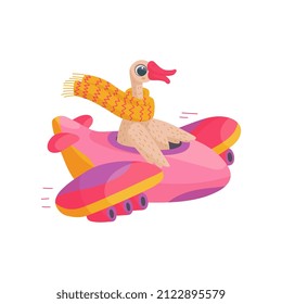 Funny duck in scarf operates plane, flat vector illustration isolated on white background. Cute animal character in cartoon style, great for kids design.