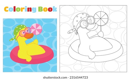 A funny duck swims in an inflatable pink swimming pool coloring page. The duck is wearing pink sunglasses, a polka dot bandana and holding a lollipop on a stick. Coloring for children.