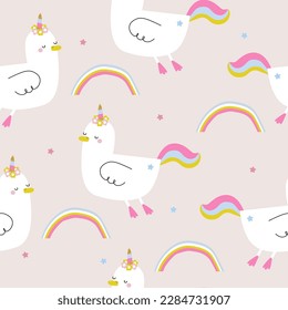 Funny duck unicorn and rainbow seamless pattern. Childish trendy print. Vector hand drawn illustration.