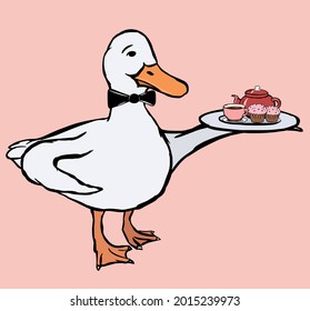 A funny duck waiter with a bow tie holding a plate cup  of tea, teapot and two cupcakes in the wing. 