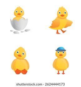 Funny duckling icons set cartoon vector. Cute little duck. Cartoon character