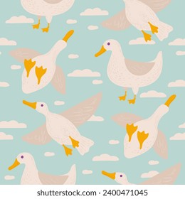 los patos divertidos vuelan en diferentes direcciones contra el cielo. patrón transparente con aves blancas.
