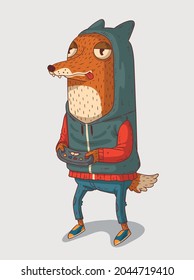 Funny Dude Fox Dressed In Hoody Is Playing Video Games