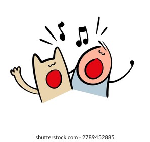 Funny duet, vector illustration of a choir of animals and people. Stickman and the cat sing a loud song together. Funny male pet concert.