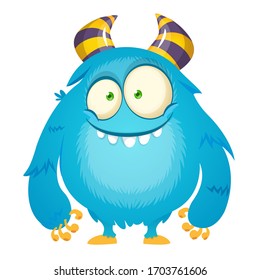 Funny dumb blue fluffy cartoon monster. Vector Halloween illustration