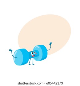 Funny dumbbell character with smiling human face, bodybuilding, gym equipment, cartoon vector illustration with place for text. Smiling dumbbell character, bodybuilding, gym equipment