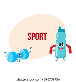 Funny dumbbell and protein shake bottle characters with smiling human faces, gym equipment, cartoon vector illustration with place for text. Smiling dumbbell and protein shaker characters