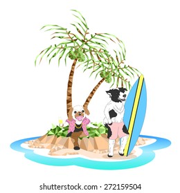 funny duo dogs at the beautiful island, travel vacation trip, drink champagne and surfing, vector design