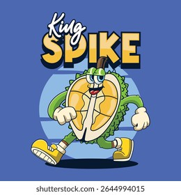 Funny Durian fruit 70s retro comic cartoon character illustration
