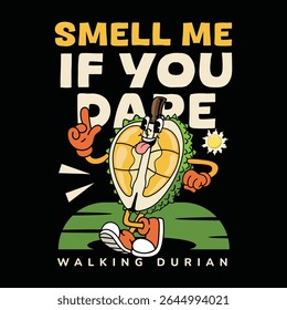 Funny Durian fruit 70s retro comic cartoon character illustration