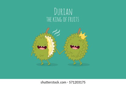 Funny durian fruits. Durian the king of fruits. Vector illustration. Use for card, poster, banner, web design and print on 
t-shirt. Easy to edit.