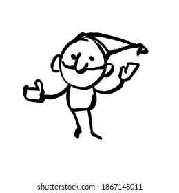 Funny dwarf in a cap. Funny comical character. A hand-drawn cartoon, Doodle. Black and white vector illustration