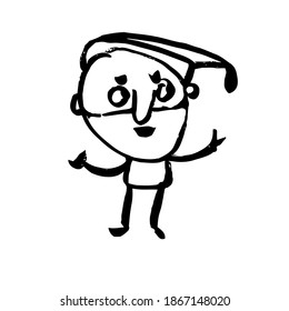 Funny dwarf in a cap. Funny comical character. A hand-drawn cartoon, Doodle. Black and white vector illustration