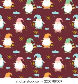 funny dwarf with a flashlight sun clouds. seamless fabric background, children's illustrations vector