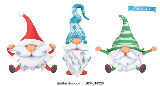 Funny dwarfs. Christmas 3d vector cartoon characters set