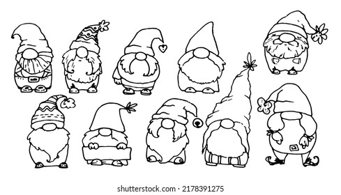 funny dwarfs. hand-drawn gnomes in the style of doodles with a black line. isolated bearded little full-length creatures in hats and caps of different shapes for label design template, postcards