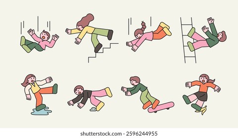 Funny and dynamic cartoon illustration of people falling in various situations, including slipping, tripping, and losing balance. Concept of accidents, danger, and caution.