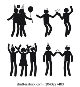 Funny dynamic poses of people at party white silhouettes of men and women celebrating holiday isolated cartoon flat vector illustrations set