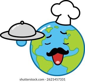 Funny Earth Cartoon Chef with Serving Plate – Cooking Planet Vector