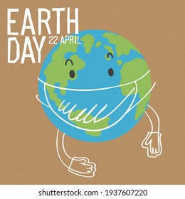 Funny Earth Character In A Mask And Gloves On Hands. Save The Earth Concept Poster. Vector Illustration