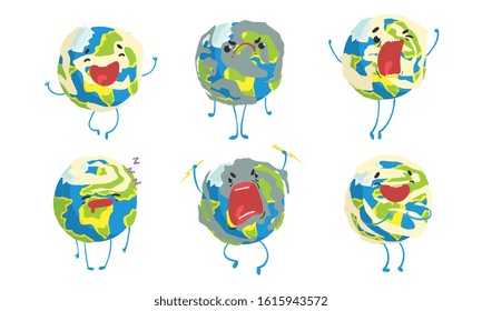 Funny Earth Globe in Different Situations Collection, Comic Planet Cartoon Character Vector Illustration