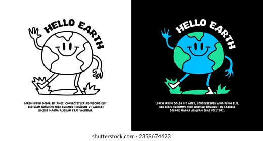 Funny earth mascot character with hello earth typography, illustration for logo, t-shirt, sticker, or apparel merchandise. With doodle, retro, groovy, and cartoon style.