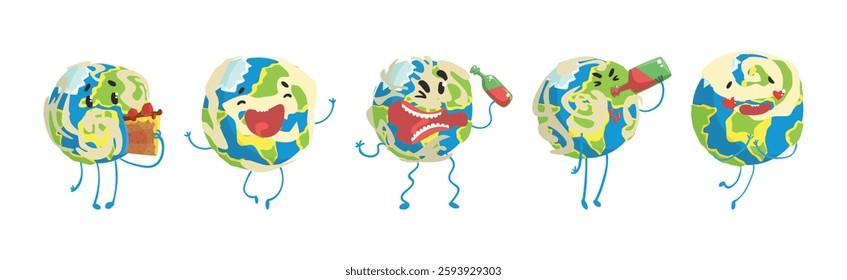 Funny Earth Planet Character with Face and Arm Vector Set