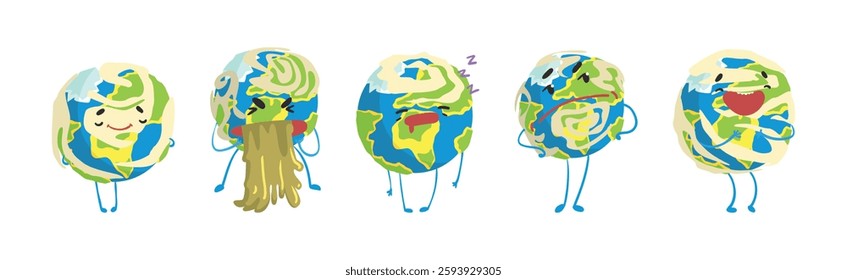 Funny Earth Planet Character with Face and Arm Vector Set