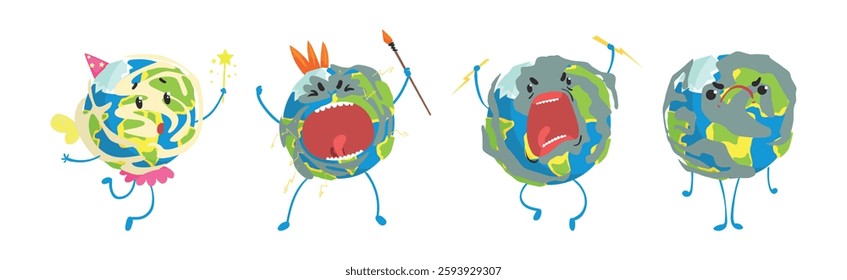 Funny Earth Planet Character with Face and Arm Vector Set