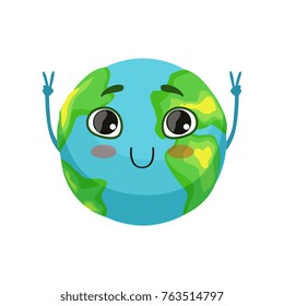 Funny Earth planet character showing victory sign, cute globe with smiley face and hands vector Illustration