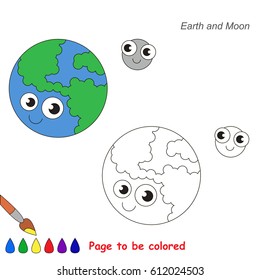 Funny Earth Planet and Moon to be colored, the coloring book for preschool kids with easy educational gaming level.