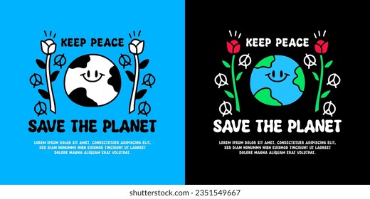 Funny earth planet and roses flower with save the planet typography, illustration for logo, t-shirt, sticker, or apparel merchandise. With doodle, retro, groovy, and cartoon style.